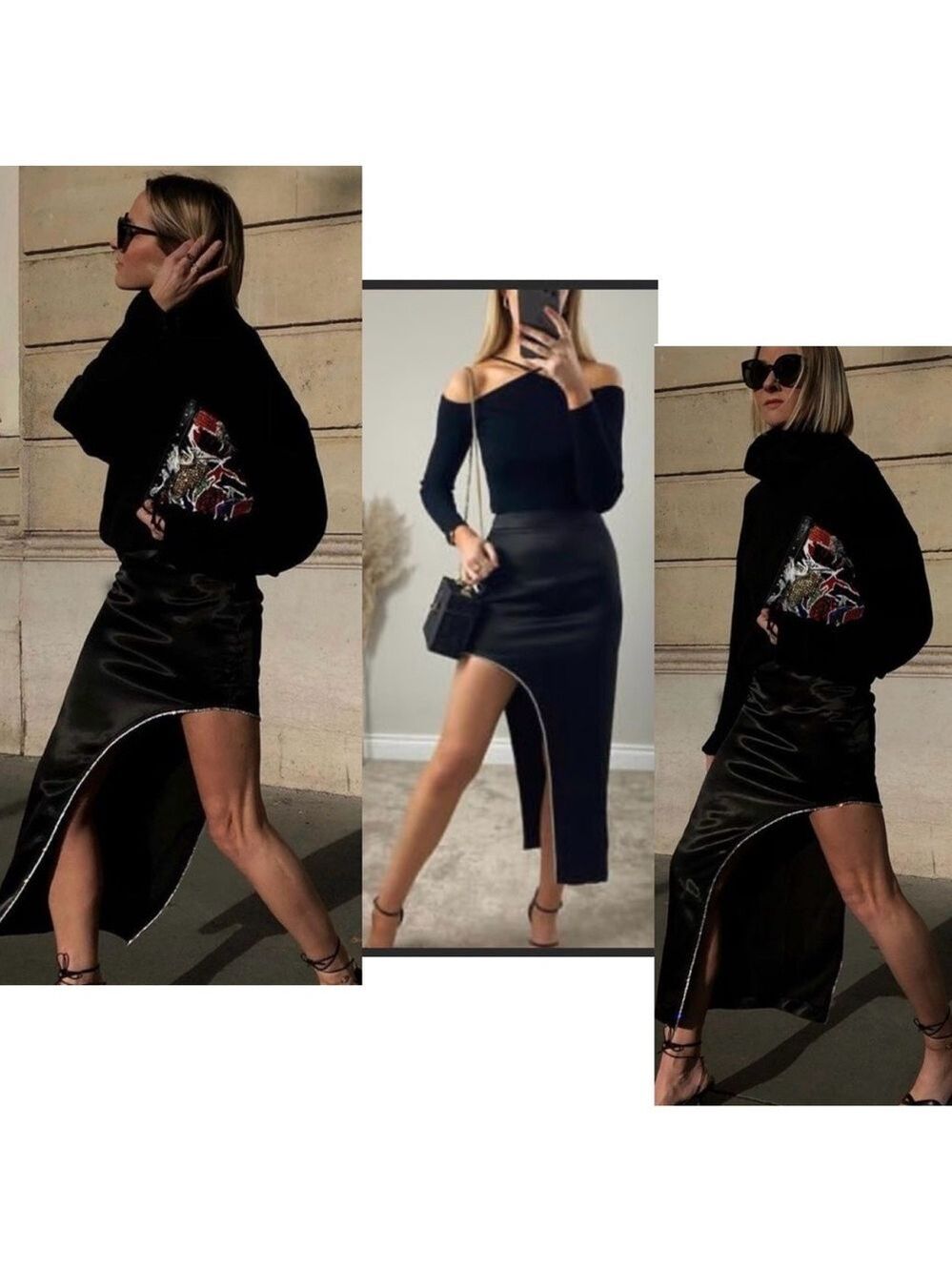 Zara black satin rhinestone trim asymmetrical midi skirt cocktail party formal M